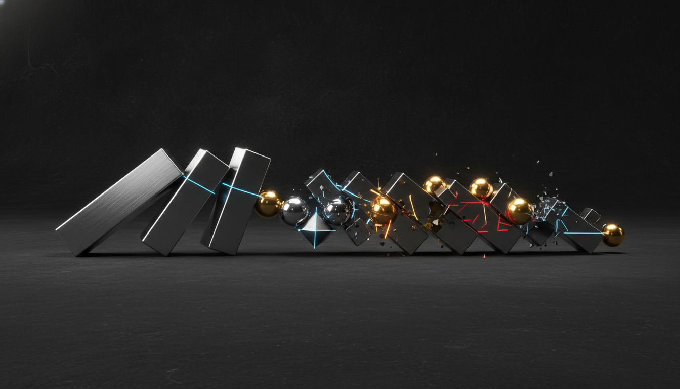 A 3D illustration of a domino effect using metallic blocks on a dark slate