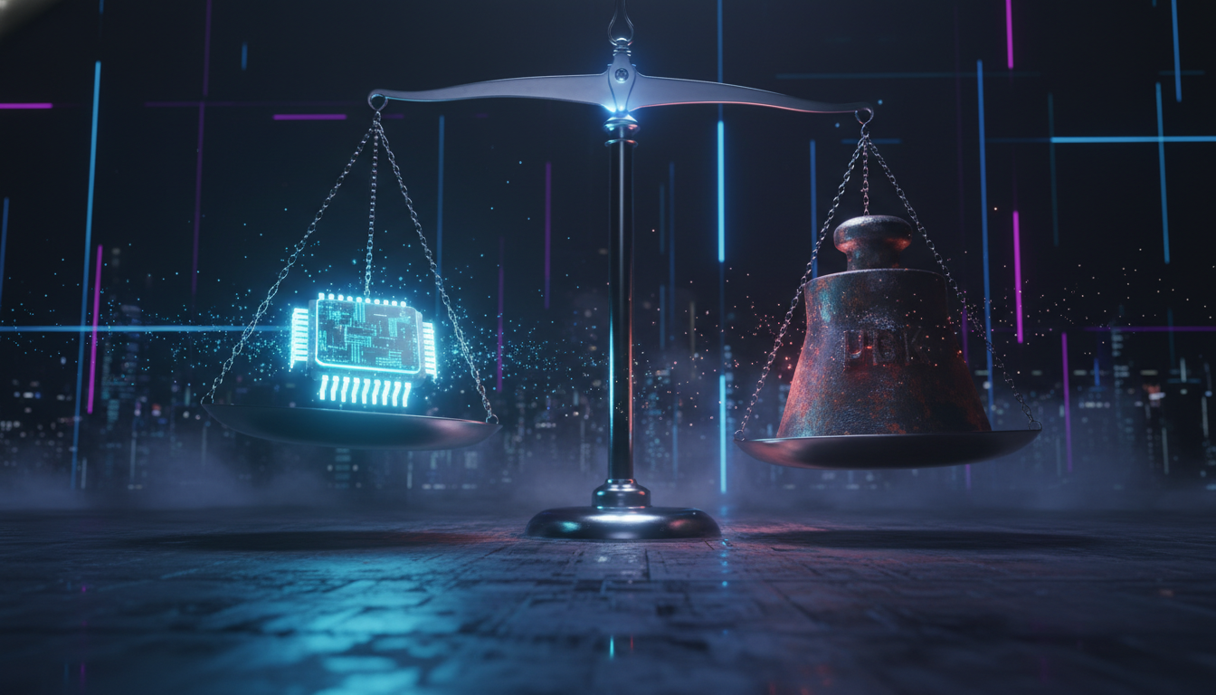 A conceptual 3D illustration of a glowing balance scale in a dark