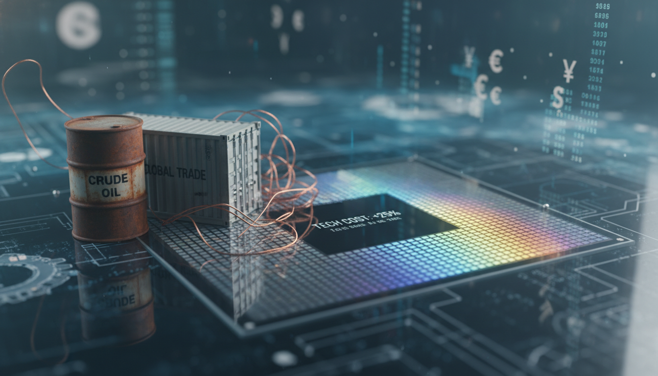Macro photography of a shiny silicon semiconductor wafer juxtaposed with industrial energy elements like a...