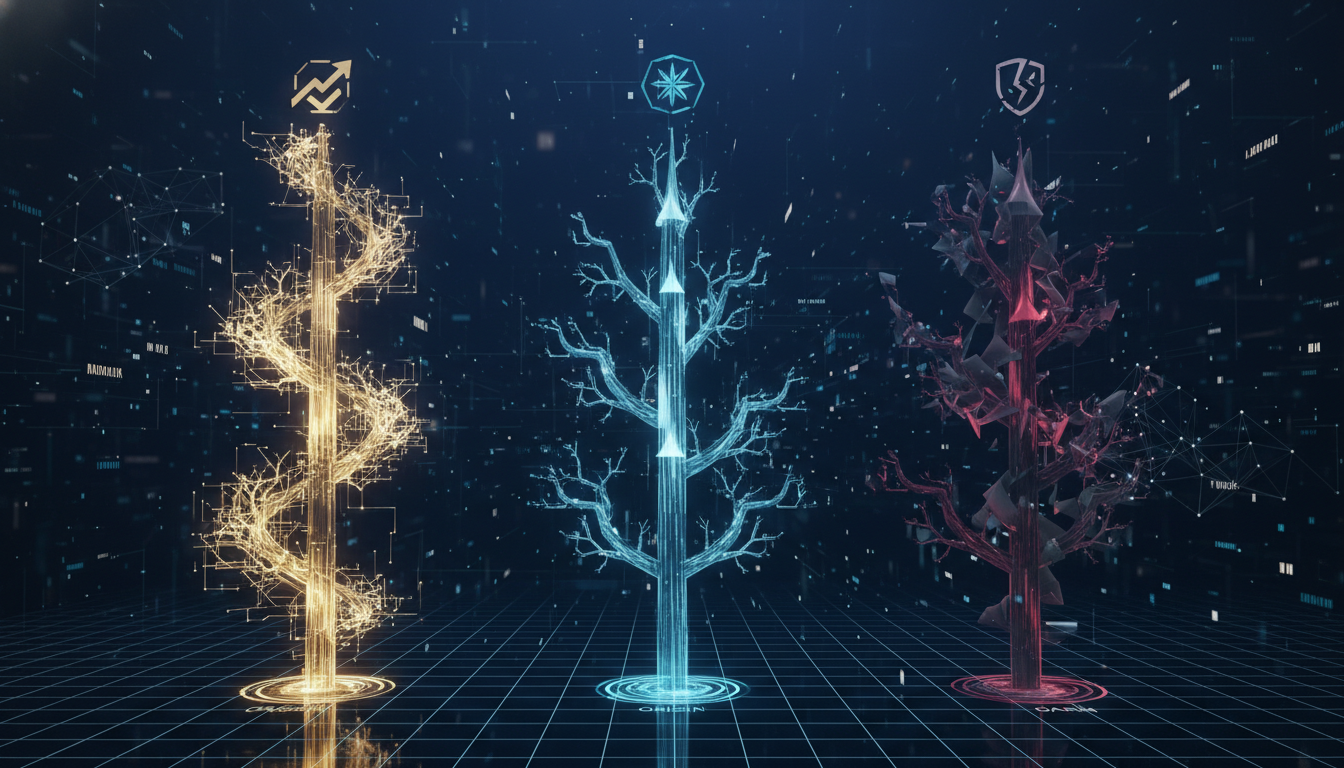{'prompt': 'Abstract conceptual illustration of three branching pathways on a futuristic financial grid, representing...