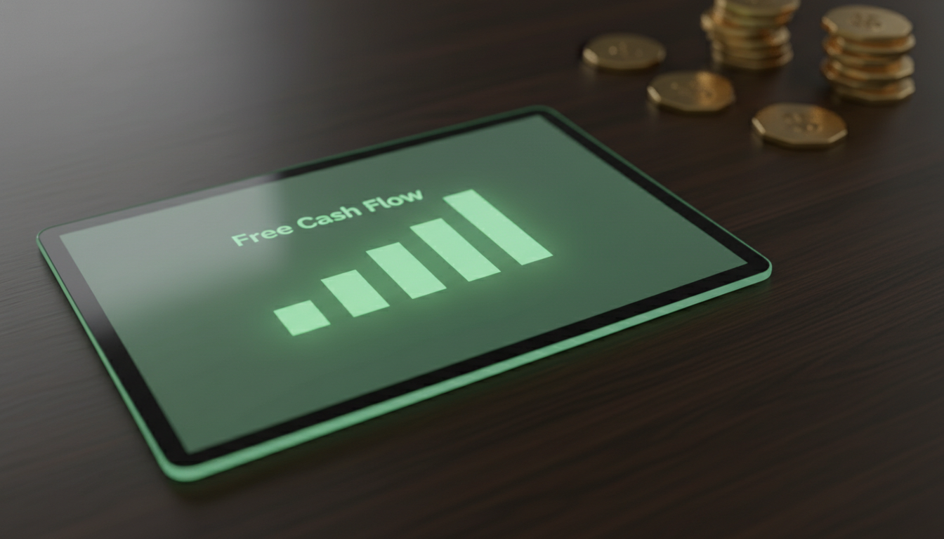 A clean, modern close-up of a digital tablet screen on a dark wooden desk. The screen displays a minimalist...