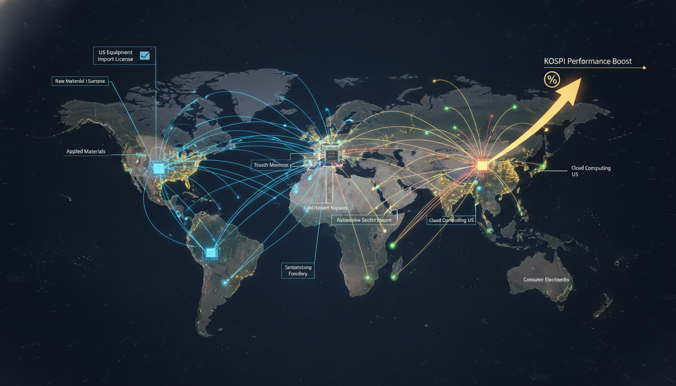 {'prompt': 'conceptual semiconductor supply chain global network glowing lines', 'section_heading': '미국 장비 반입 허가부터 KOSPI...