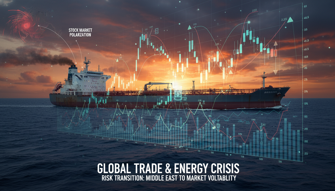 Oil tanker ship at sea with abstract financial charts and graphs overlay, global trade and energy crisis...