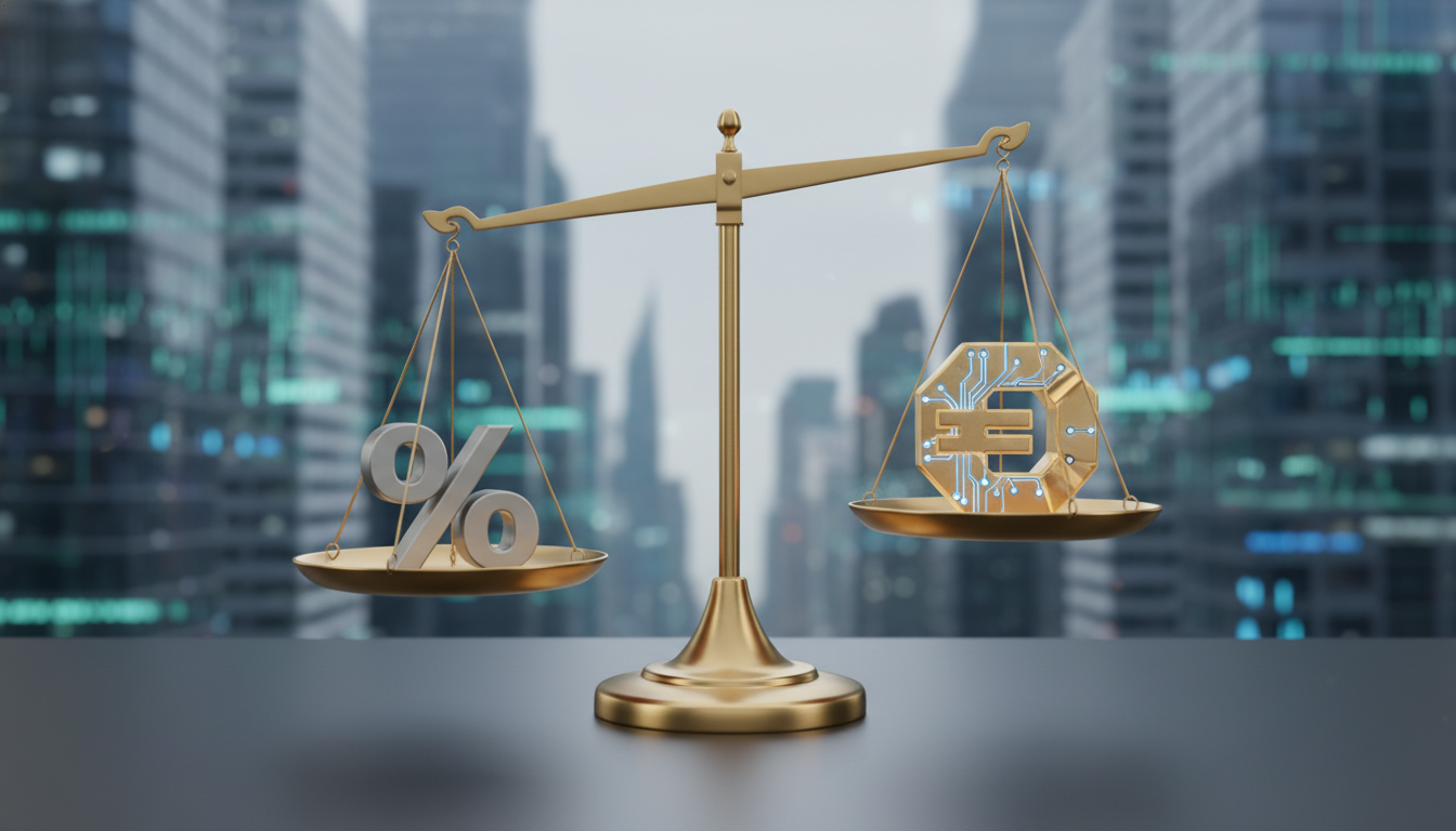 A 3D rendering of a brass balancing scale weighing a percentage symbol and…