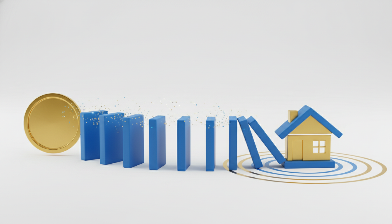 A minimal, text-free 3D illustration showing a chain reaction. A falling metallic...