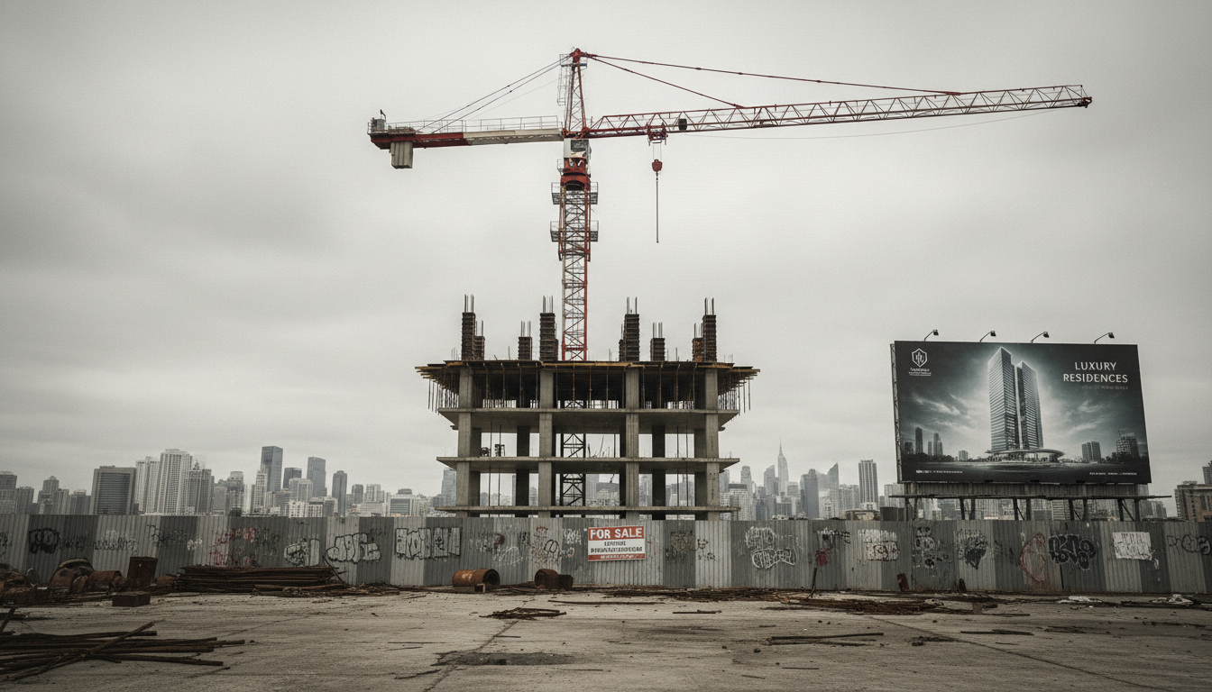 stalled construction site tower crane empty real estate project finance