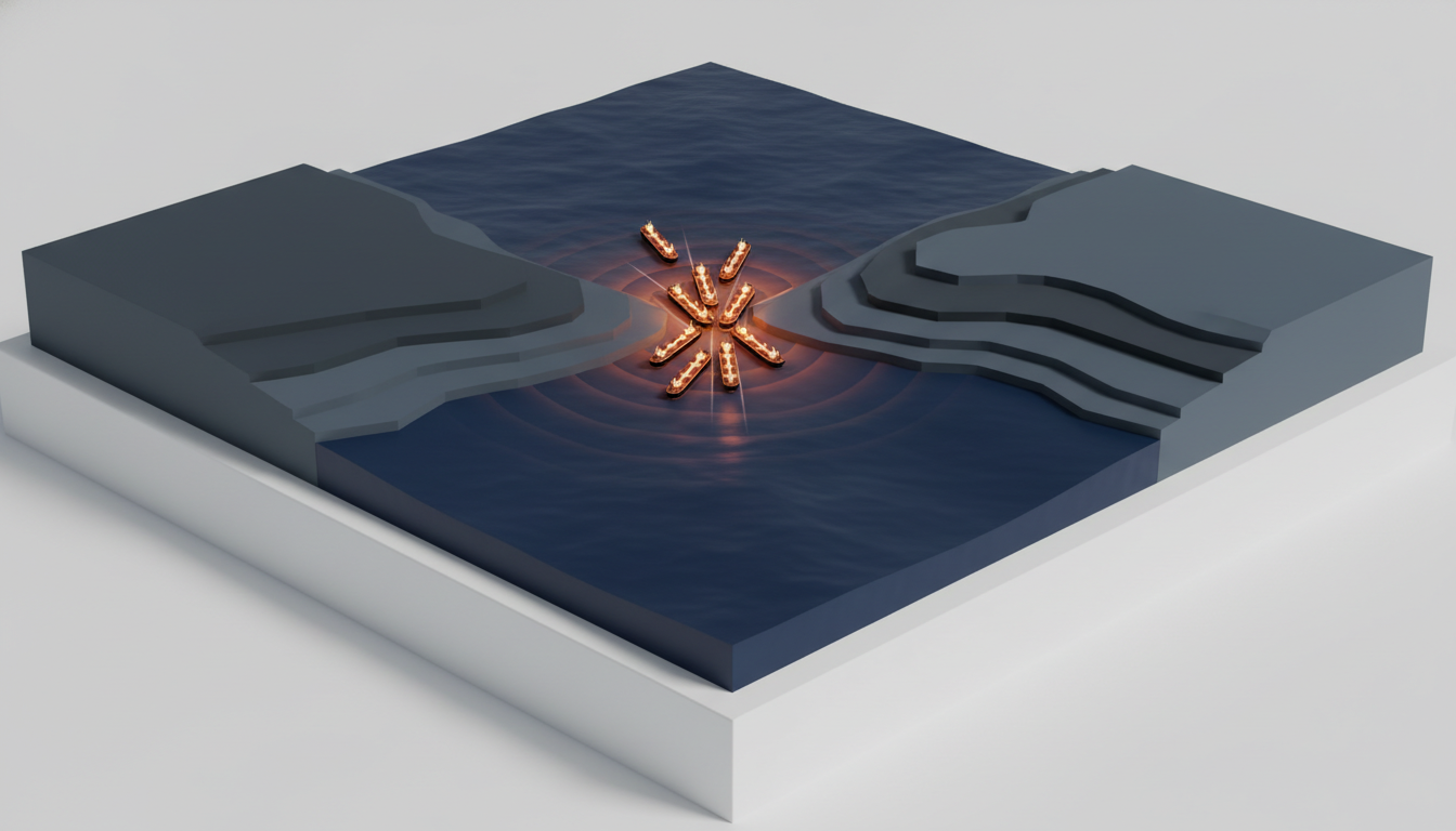 {'prompt': 'A minimalist, stylized 3D topographical map highlighting a narrow maritime chokepoint. Several miniature...
