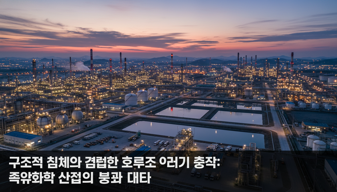 {'prompt': 'petrochemical plant complex aerial view industrial facilities twilight', 'section_heading': '구조적 침체와 겹친 호르무즈...