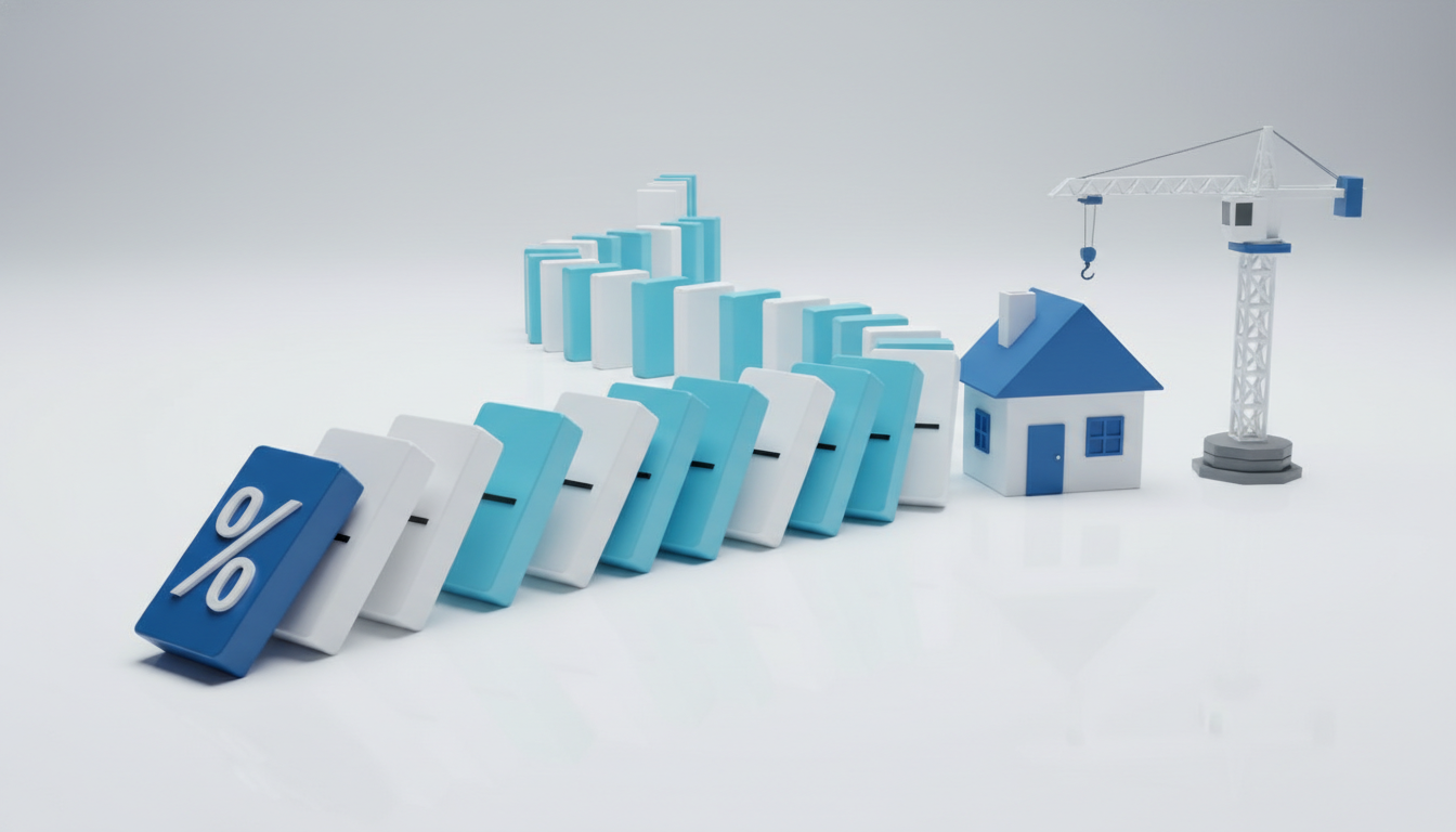A minimalistic 3D rendering of a domino chain reaction. The first falling block features a deeply engraved...