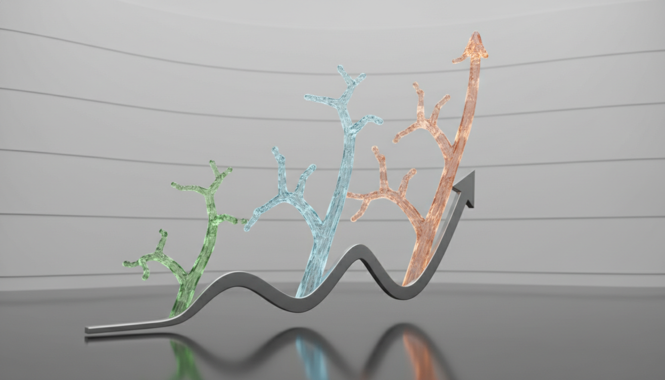 Abstract 3D visualization of three branching pathways on a sleek financial line chart, representing different...