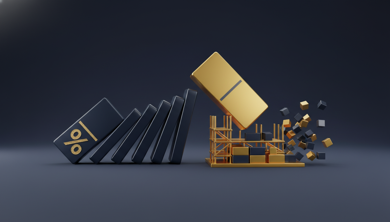 A 3D conceptual illustration showing a chain reaction of falling dominoes