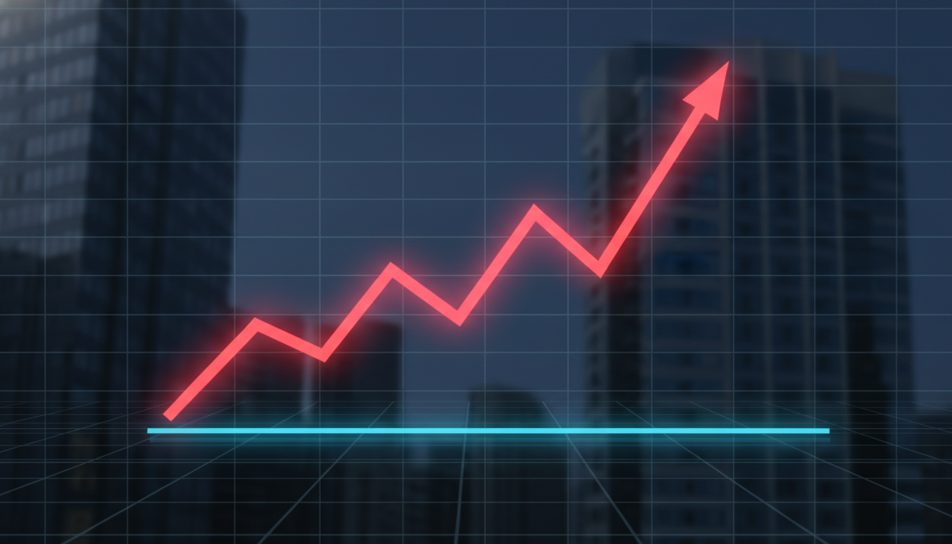 A clean, abstract financial illustration showing an alarming, glowing red upward trend line sharply rising...