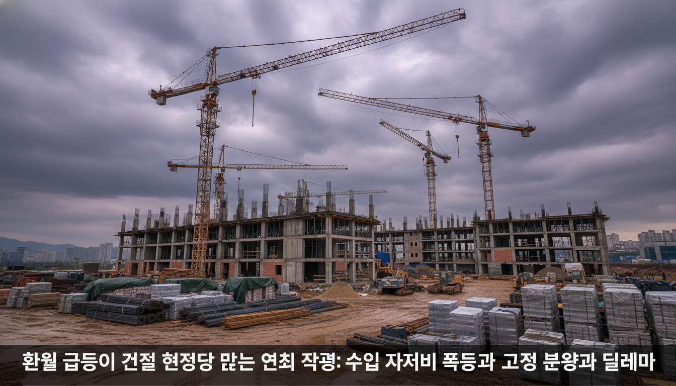 Unfinished building construction site with idle cranes and stacked raw materials, dramatic overcast sky, wide...