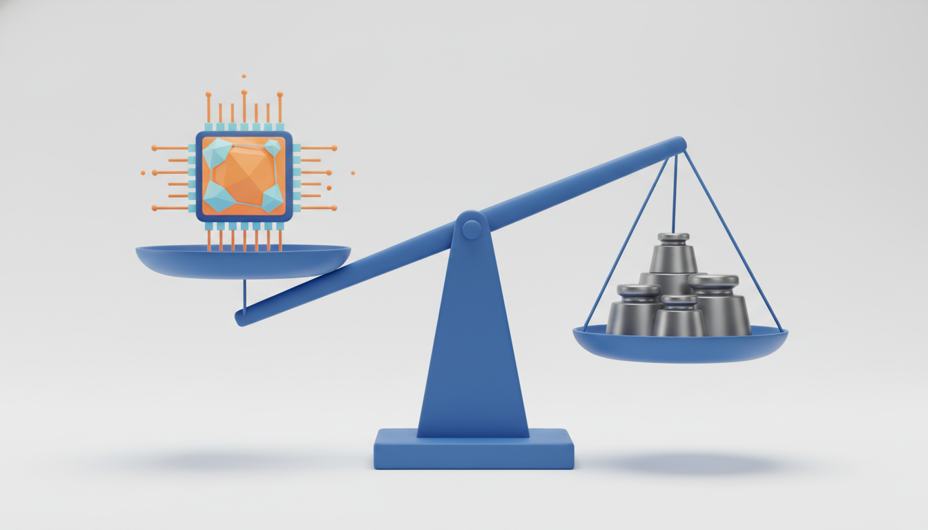 3D illustration of a balancing scale. One side holds a glowing microchip…