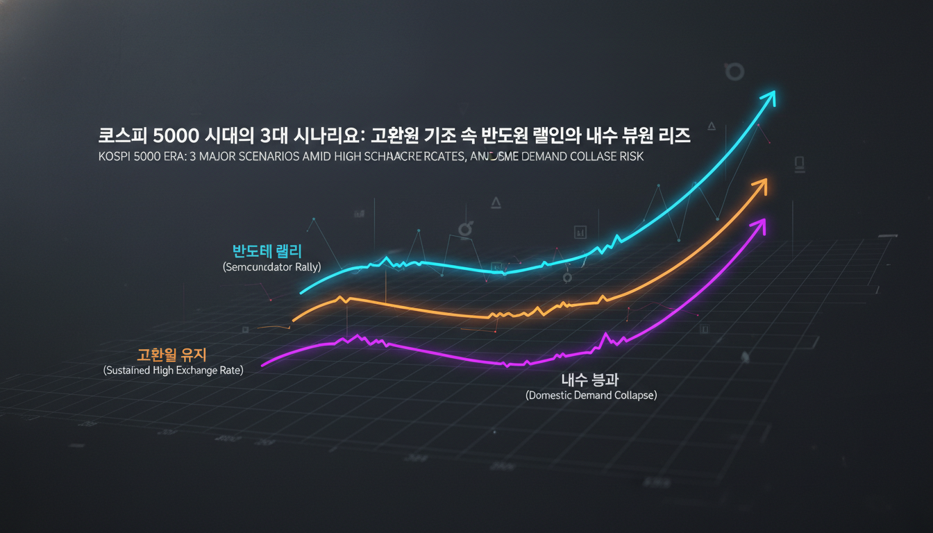 abstract financial chart showing three diverging trend lines forecasting different scenarios on a dark...