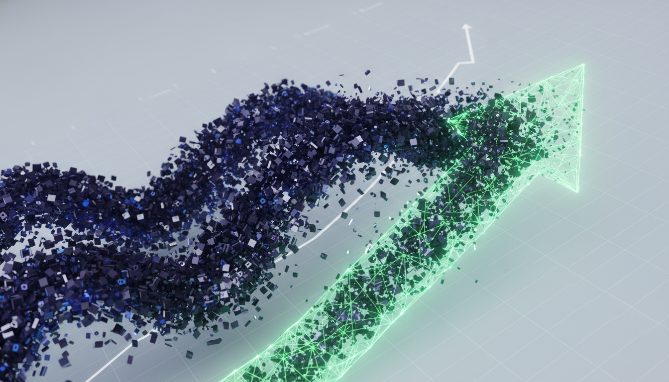 Abstract 3D financial illustration showing two contrasting forces: a massive wave of dark data blocks moving...