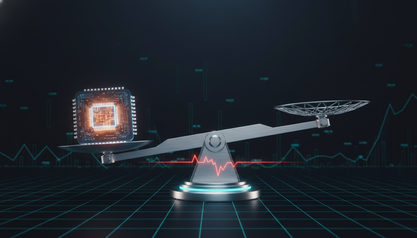 Conceptual 3D illustration of a heavy, glowing microchip weighing down one