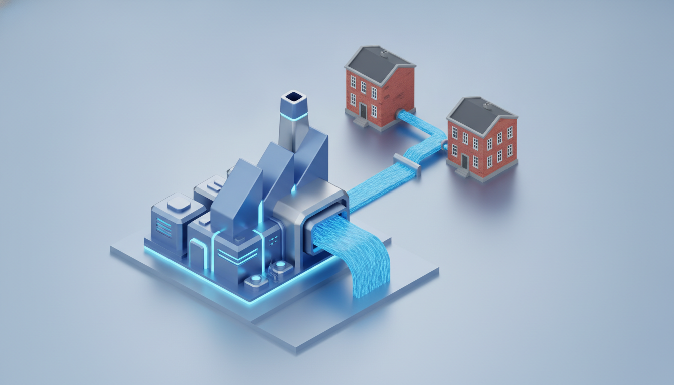 3D isometric illustration of glowing energy flowing heavily into a…