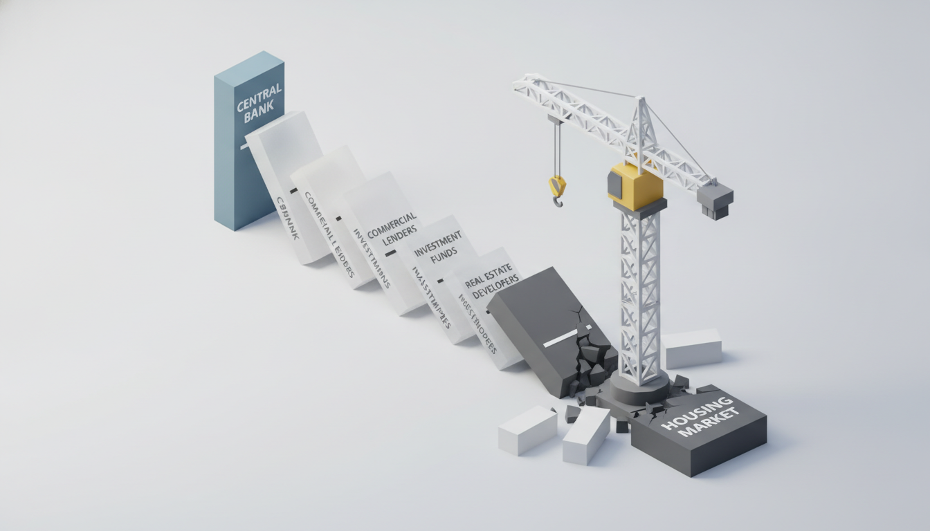 A conceptual 3D isometric illustration showing a domino effect
