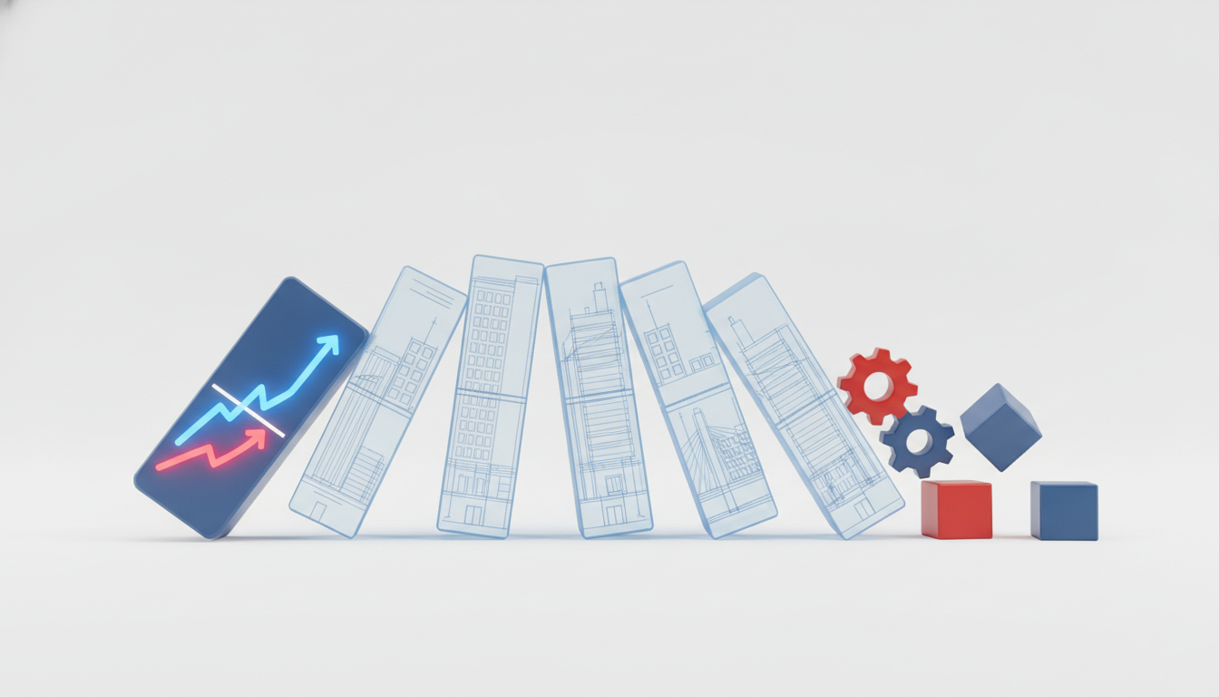 A 3D illustration showing a domino effect. The first domino features an…