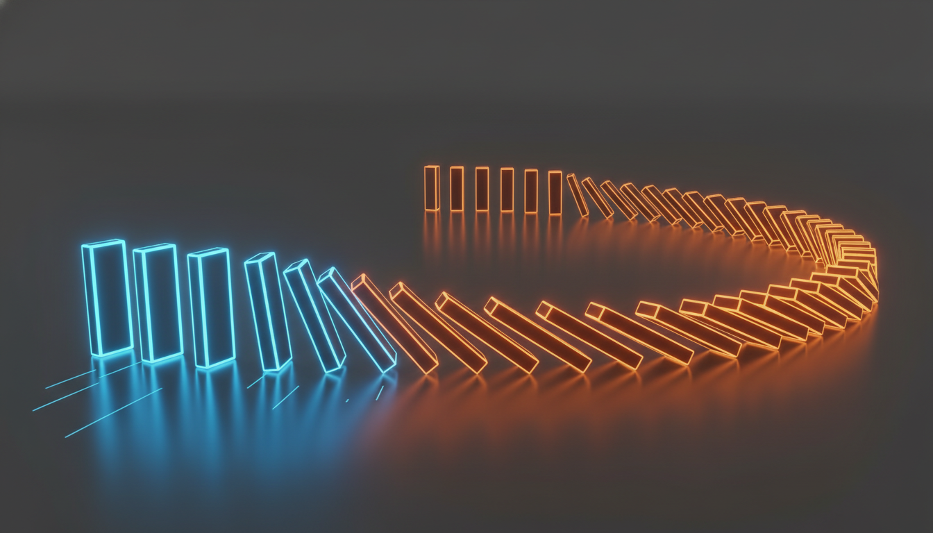 A conceptual 3D illustration of a domino effect