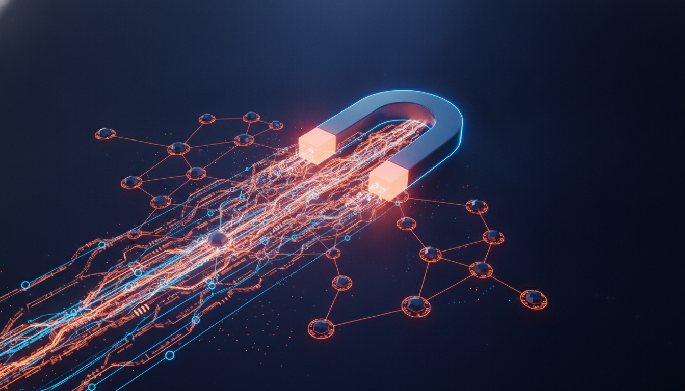 Abstract 3D rendering of glowing data streams representing capital flowing rapidly away from a network of...