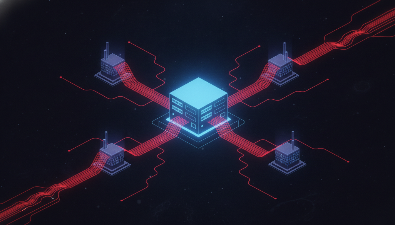 isometric 3D illustration of a global digital network connecting a large