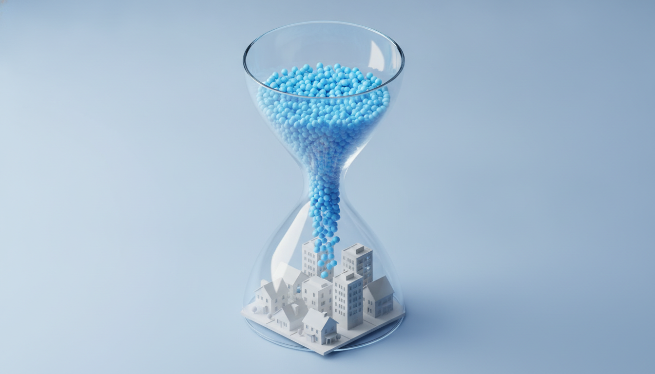 An isometric 3D illustration of a transparent funnel or hourglass creating…