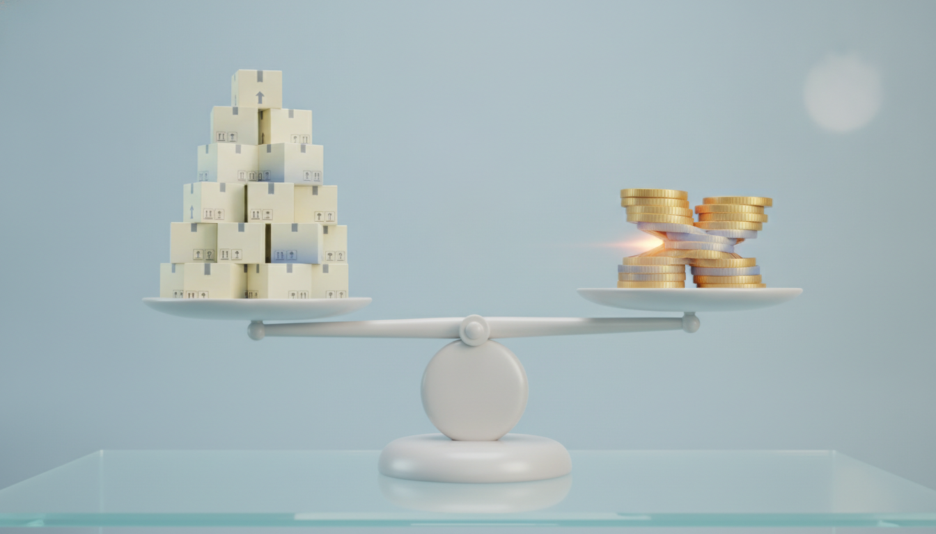 A 3D illustration showing a balancing scale. On one side, a large stack of…