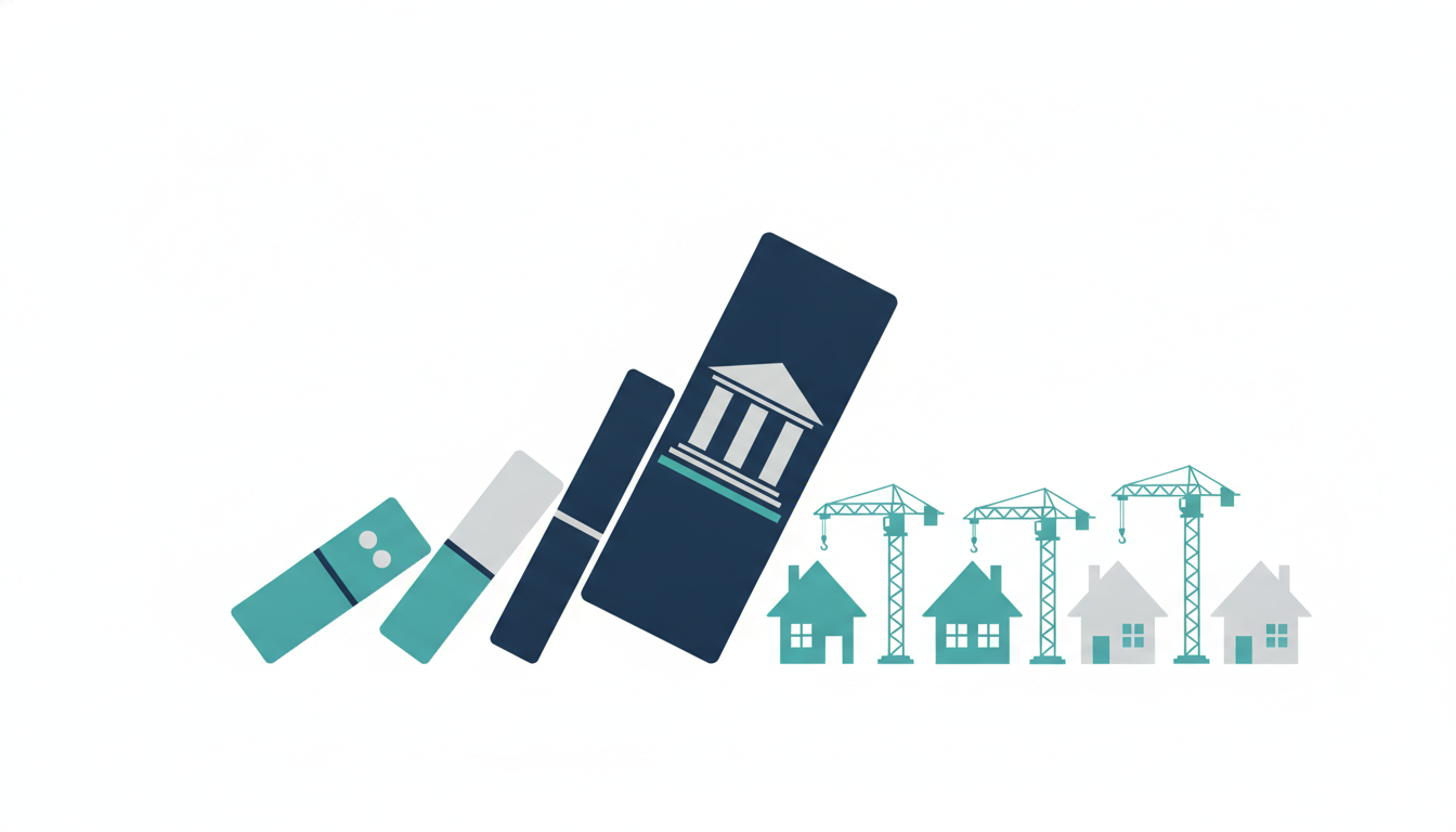 flat vector illustration of a domino effect in a macroeconomic context. A…