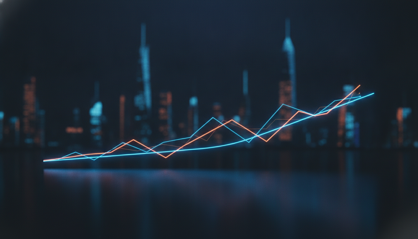 Abstract financial chart illustration showing a line graph that stays elevated on a high plateau rather than...