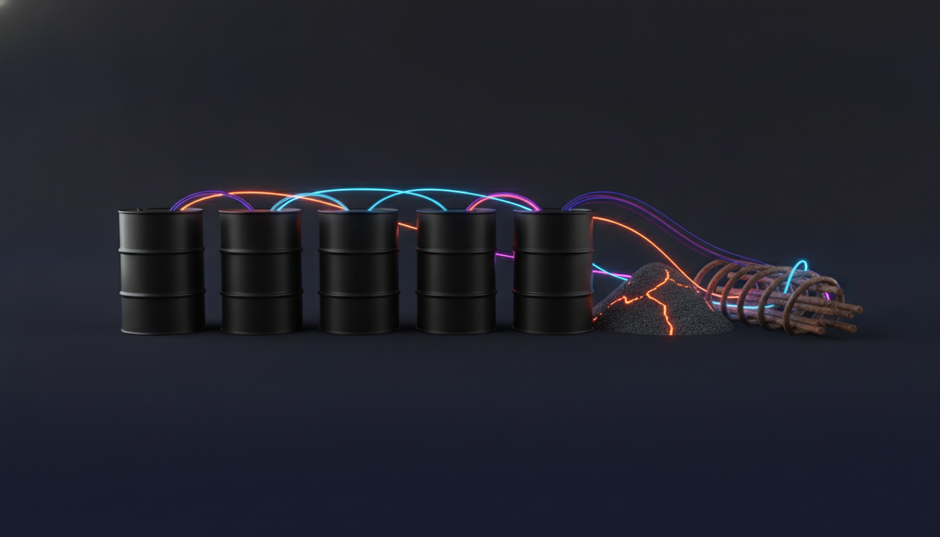 A 3D rendering showing a row of black oil barrels connected by glowing…