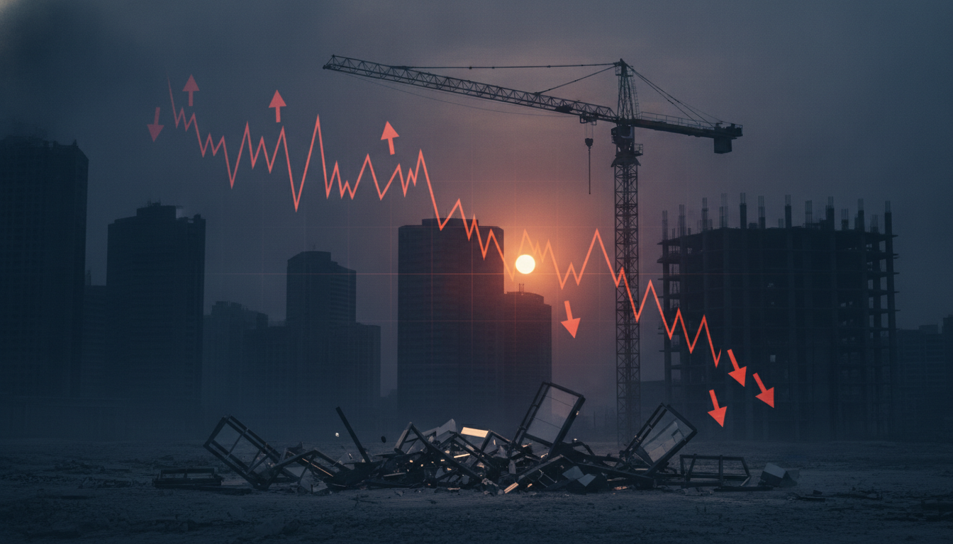 financial chart showing downward trend with construction crane silhouette in background, business concept