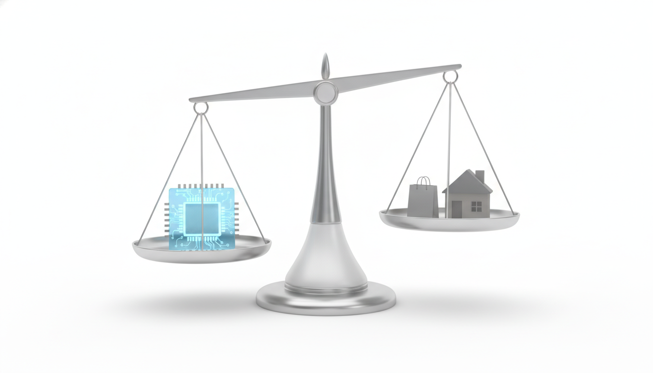 A 3D illustration of a glowing blue microchip on a sleek modern balance