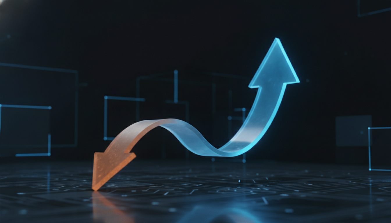 A 3D illustration of two diverging arrows on a dark, high-tech financial…