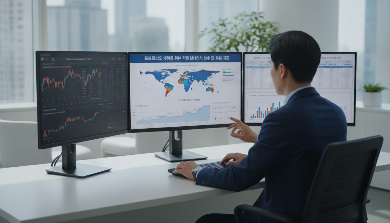 Professional financial analyst reviewing macro economic indicators and charts on multiple computer screens...