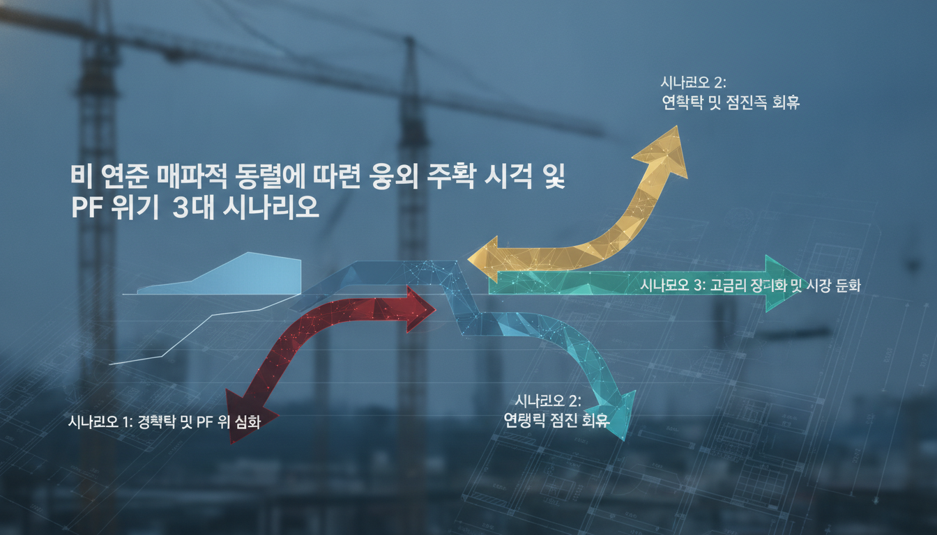 abstract financial graph with three diverging arrow paths over a blurred background of construction cranes or...