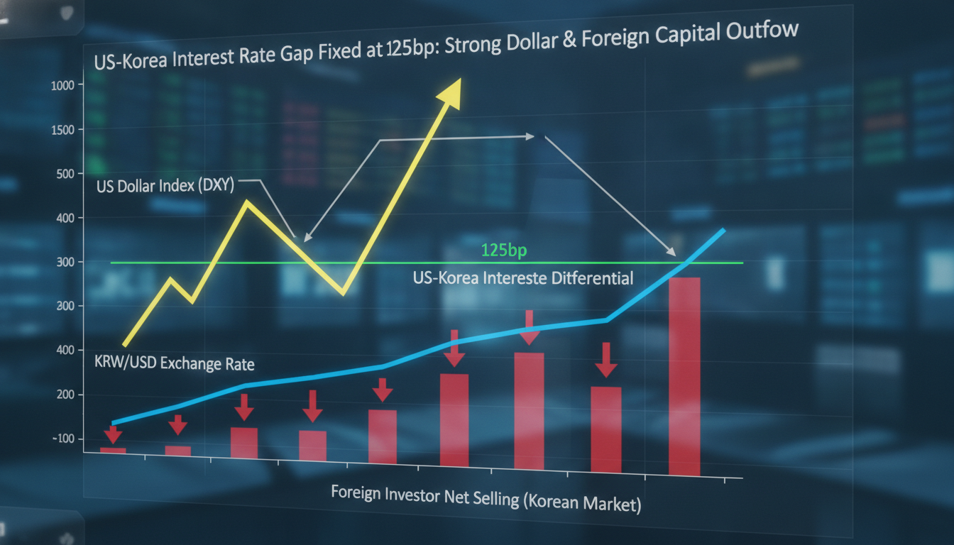 {'prompt': 'strong US dollar global capital outflow financial chart concept', 'section_heading': '한미 금리차 125bp 고착화: 강달러와...