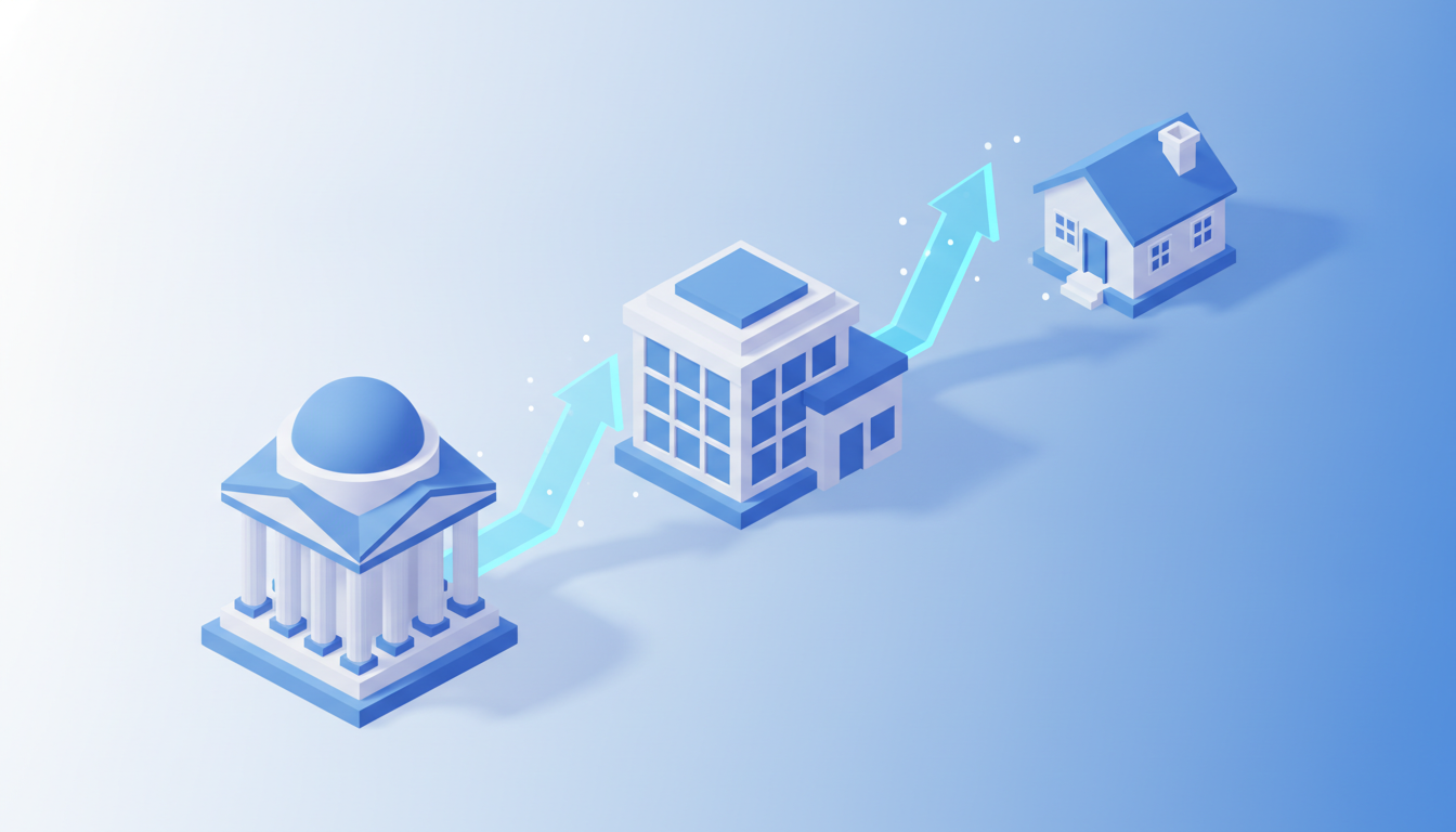 isometric 3D illustration showing a chain reaction starting from a…