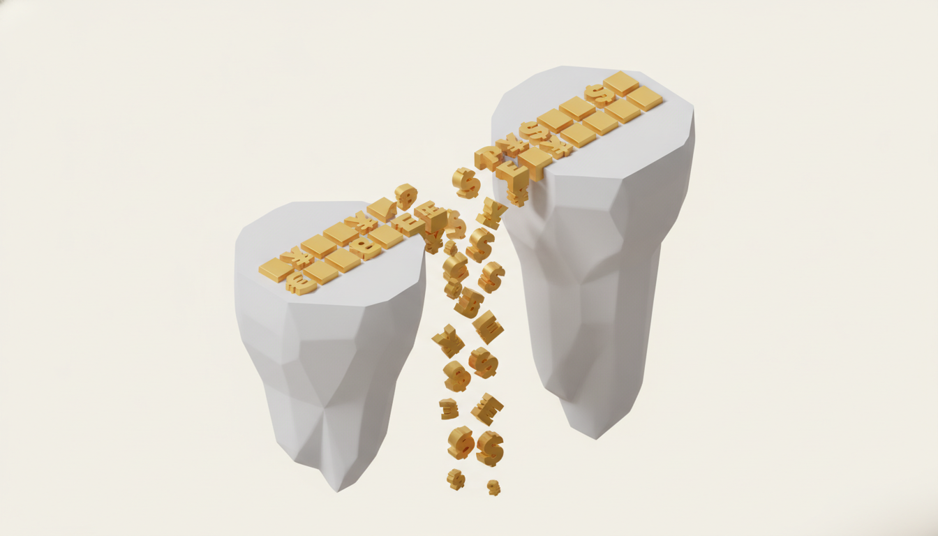3D isometric illustration of a fractured bridge connecting two cliffs…