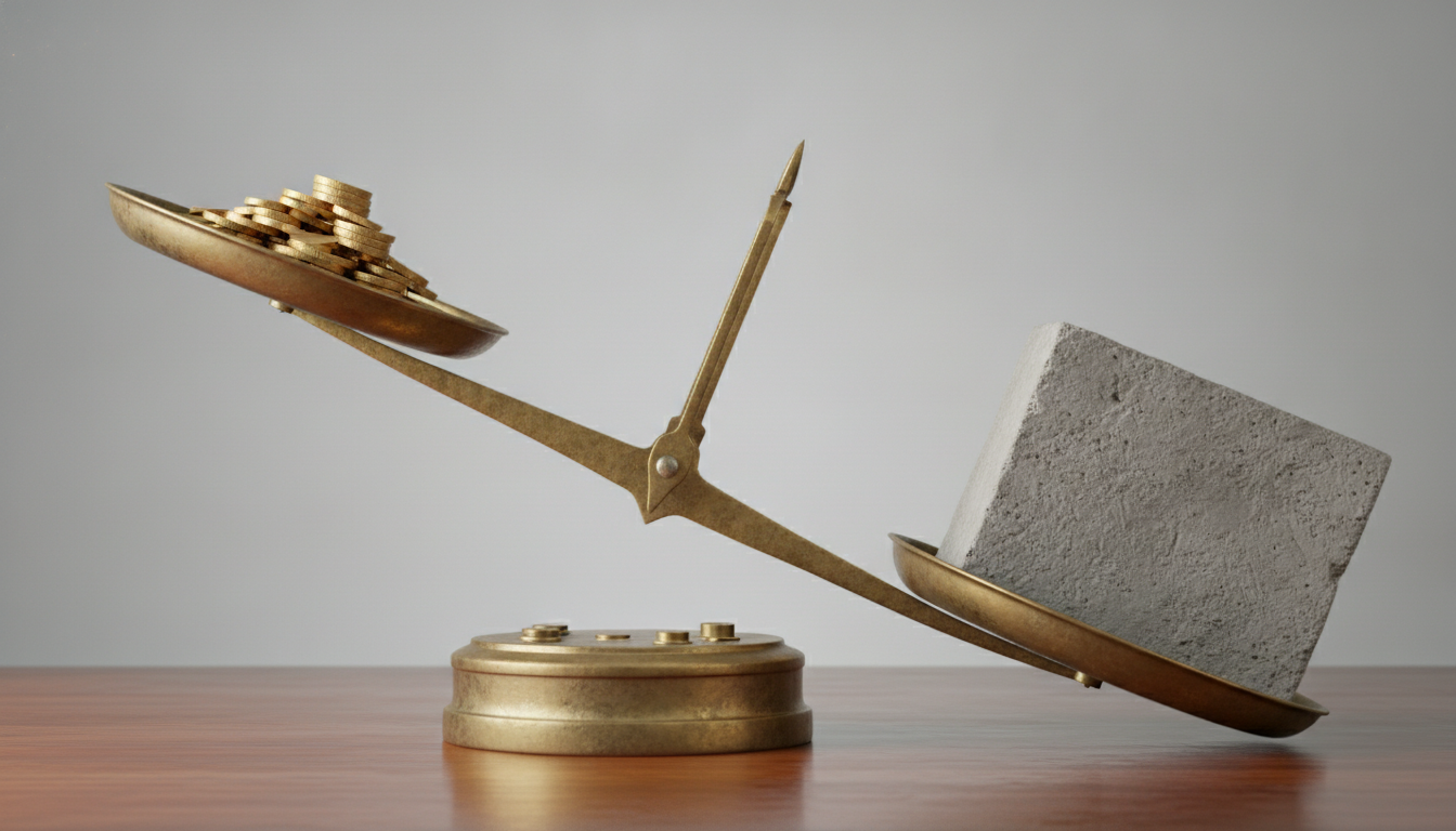 A highly unbalanced vintage brass scale. On one side, a tiny, fragile stack of gold coins representing...