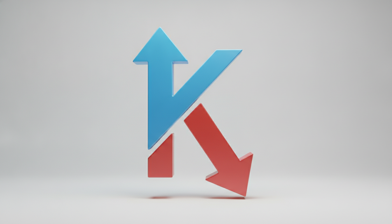 3D graphic showing a K-shaped diverging arrow. The top arm of the 'K'…