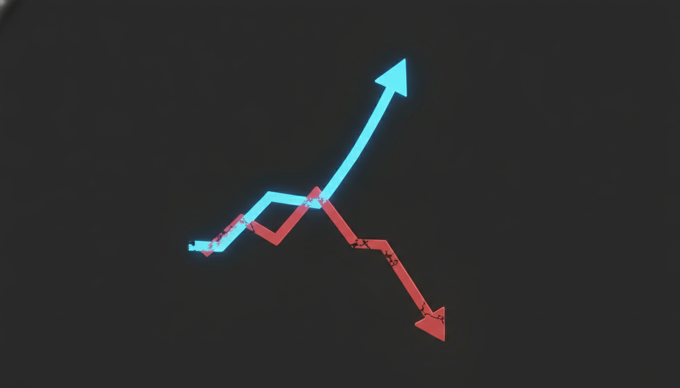 3D of a K-shaped financial graph. One glowing blue line trending sharply…