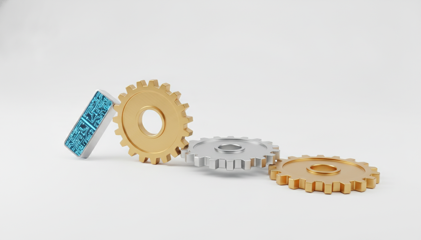 A minimalistic 3D illustration of a domino effect or interconnected gears