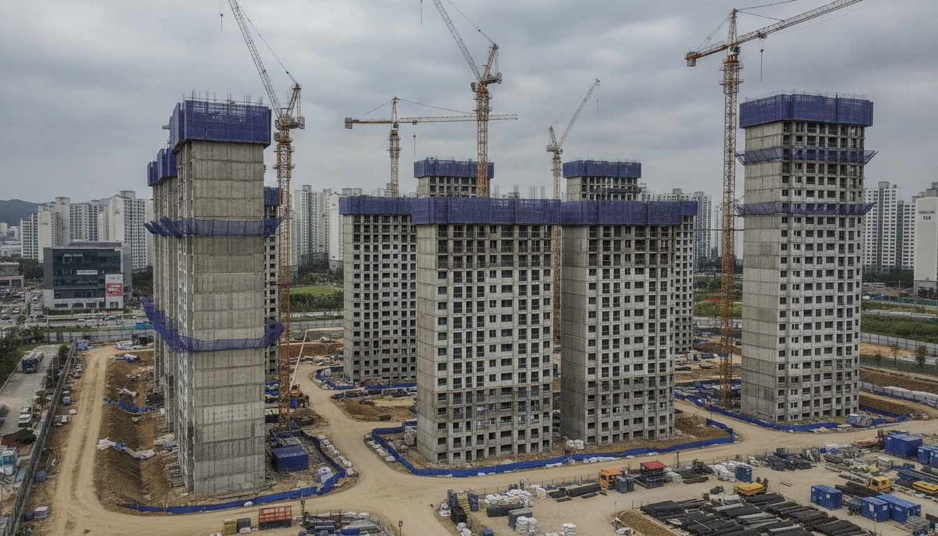 Generic apartment construction site with multiple tower cranes, unfinished concrete buildings, overcast sky...