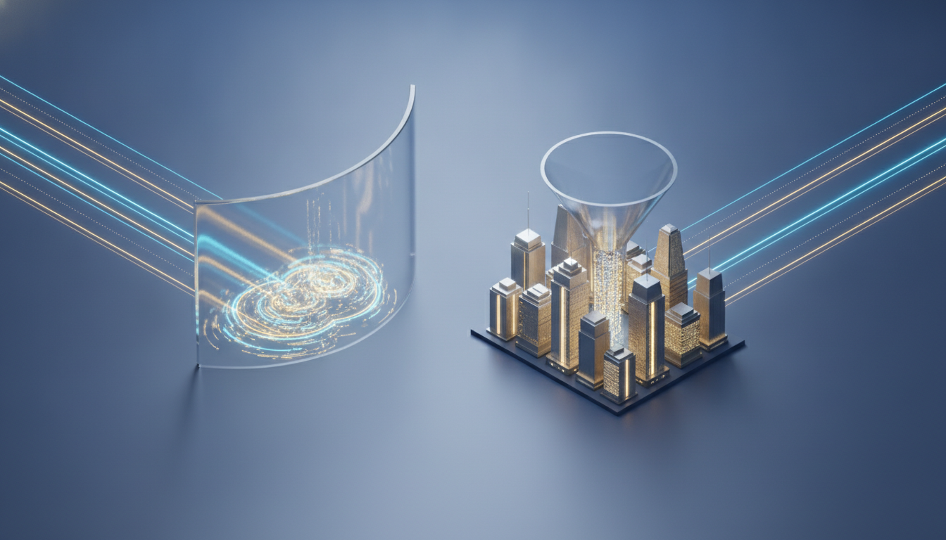Isometric 3D illustration of a financial funnel concept. Glowing pathways