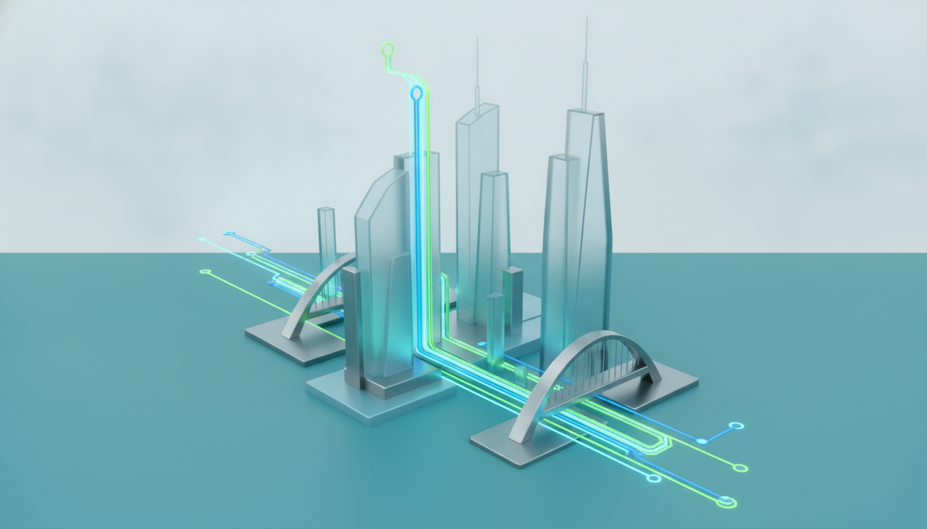 3D of glowing data streams and financial nodes flowing into geometric
