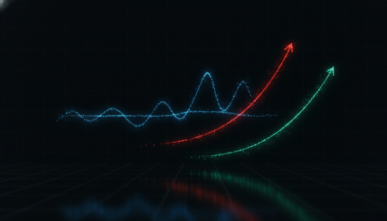 Abstract financial chart with three distinct glowing paths diverging—one steady, one rising sharply, and one...