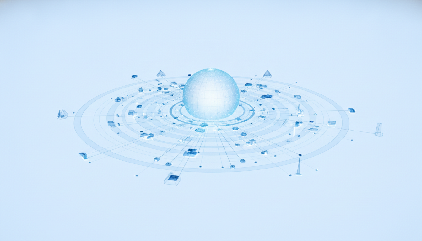 {'prompt': 'An abstract 3D layered diagram showing a ripple effect, starting from a large central glowing sphere and...