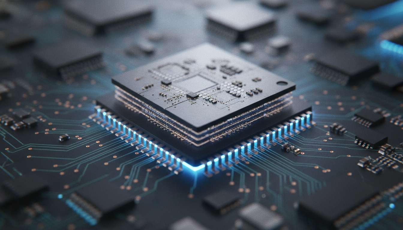 {'prompt': 'macro photography close up of advanced semiconductor memory chip on a glowing circuit board'...